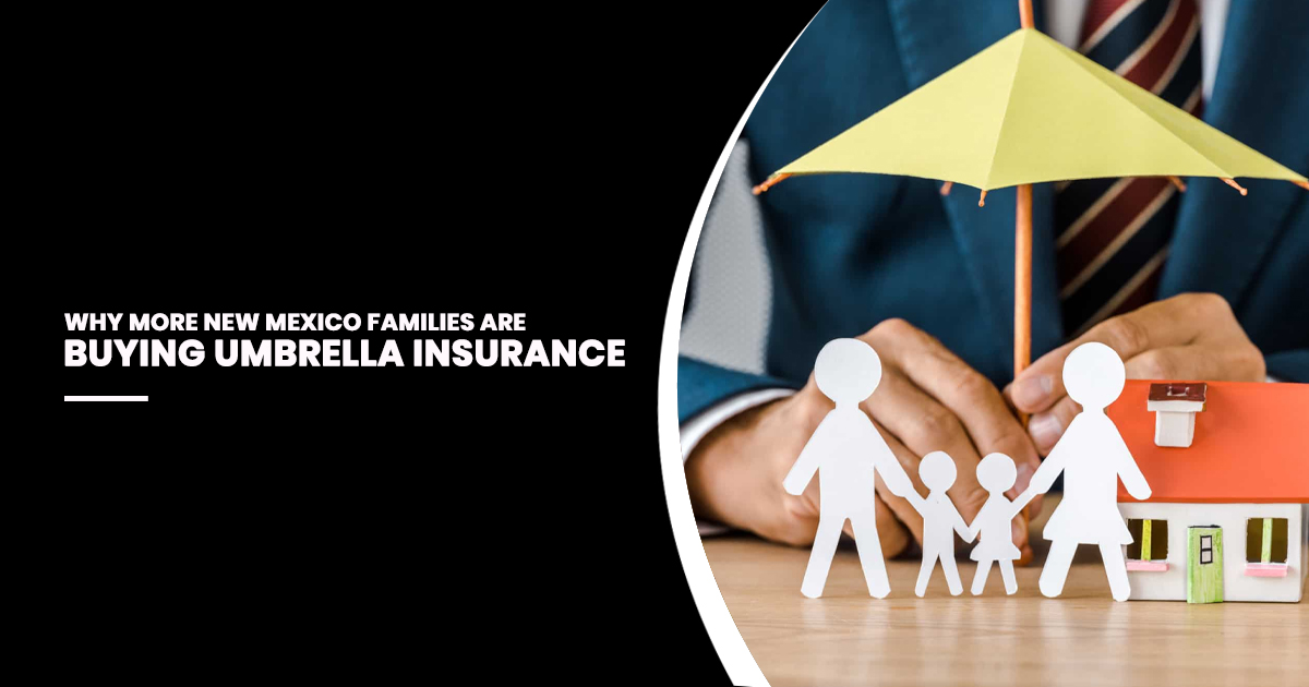 Family protected under an umbrella beside a model home, representing umbrella insurance coverage and liability protection for New Mexico homeowners and families.
