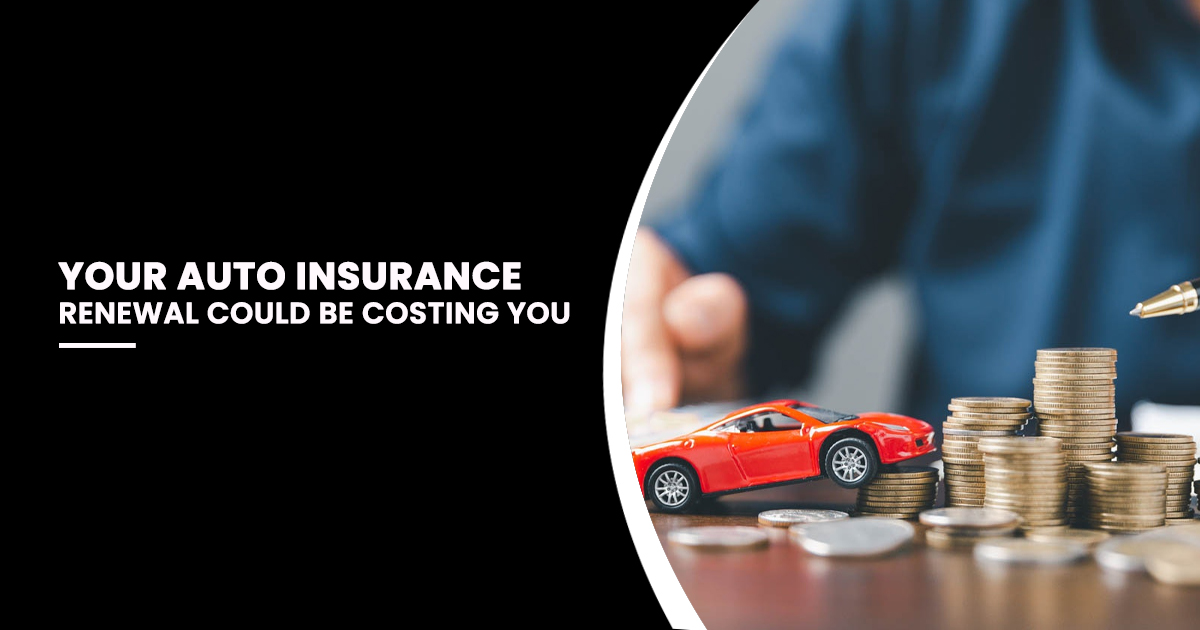 Auto insurance renewal costs increasing with toy car and stacked coins representing higher insurance premiums and savings opportunities.