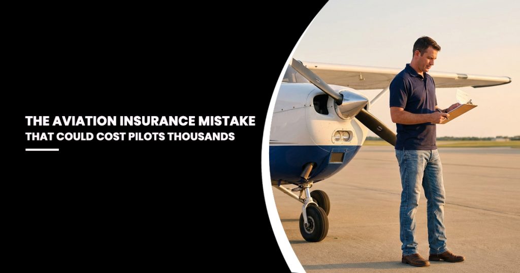 A pilot standing on an airfield conducting a pre-flight inspection while holding a clipboard, representing the importance of avoiding costly aviation insurance mistakes.
