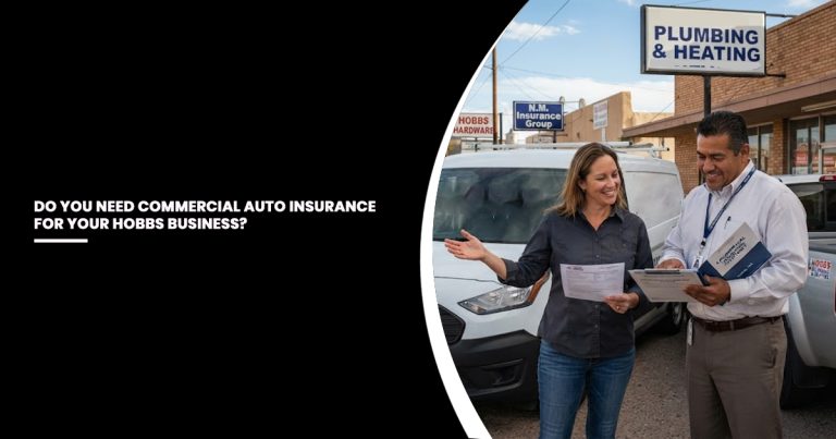 Female business owner and male insurance agent standing beside commercial service vehicles, reviewing insurance documents together in a Hobbs business district.