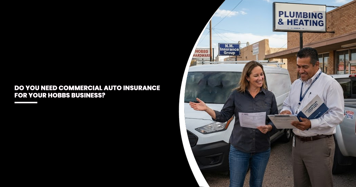 Female business owner and male insurance agent standing beside commercial service vehicles, reviewing insurance documents together in a Hobbs business district.