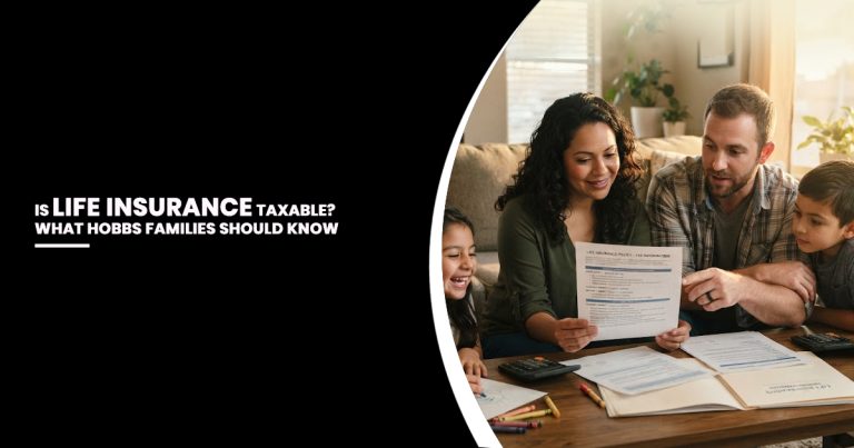 Parents and two children sitting at a wooden table reviewing life insurance policy paperwork together in a bright living room.