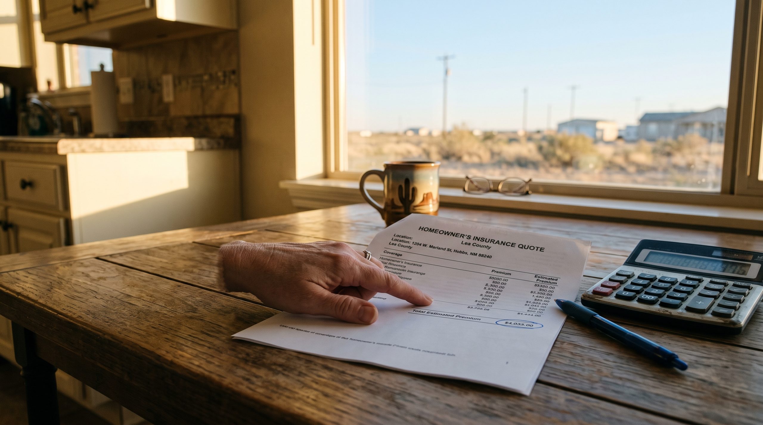 Person's hand resting on a homeowner's insurance quote document at a wooden table, with a calculator and pen nearby, desert landscape visible through the window behind.