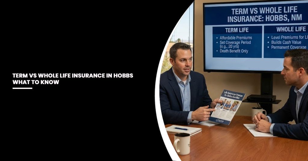 Two men in business attire sit at a wooden table reviewing insurance comparison documents, with a presentation screen behind them displaying term versus whole life insurance details.