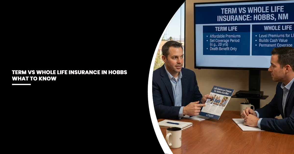 Two men in business attire sit at a wooden table reviewing insurance comparison documents, with a presentation screen behind them displaying term versus whole life insurance details.